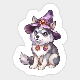 Watercolor Siberian Husky Dog in Witch Hat Sticker